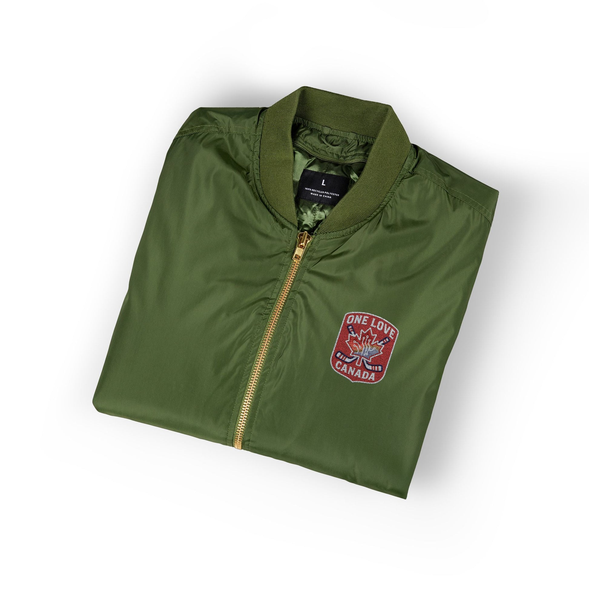 Recycled Bomber Jacket with Embroidery, Eco-Friendly Fashion - OneLoveCanada