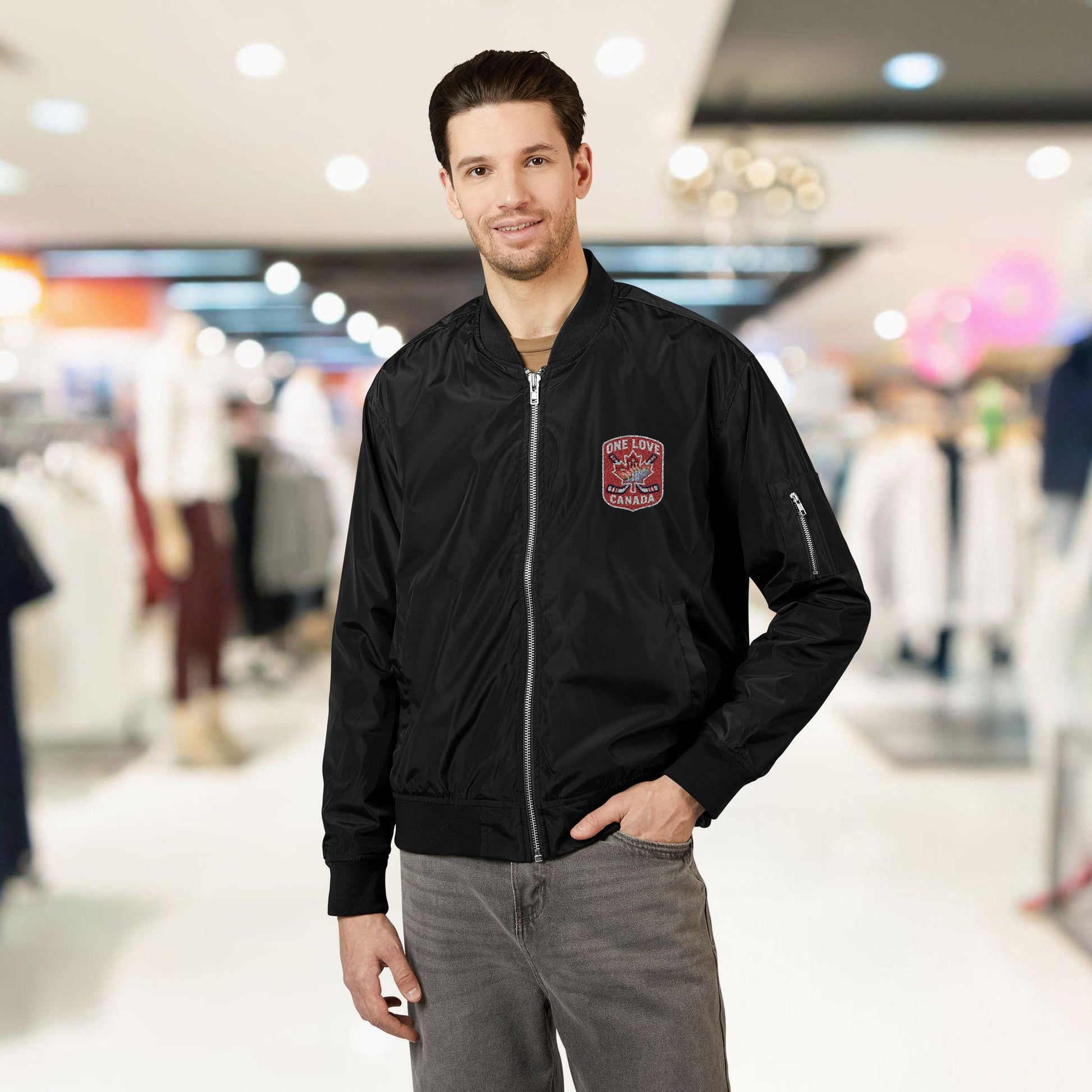 Recycled Bomber Jacket with Embroidery, Eco-Friendly Fashion - OneLoveCanada