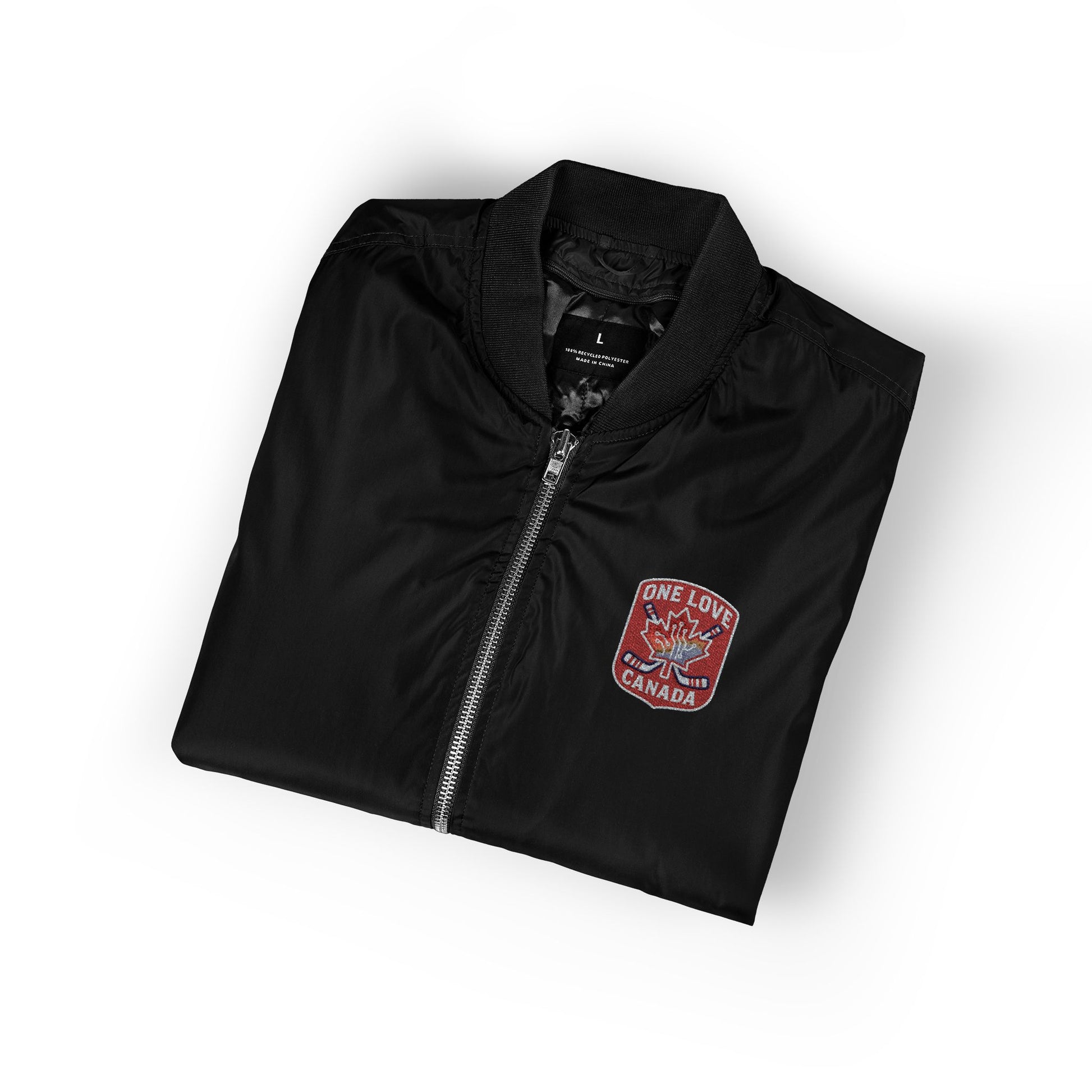 Recycled Bomber Jacket with Embroidery, Eco-Friendly Fashion - OneLoveCanada