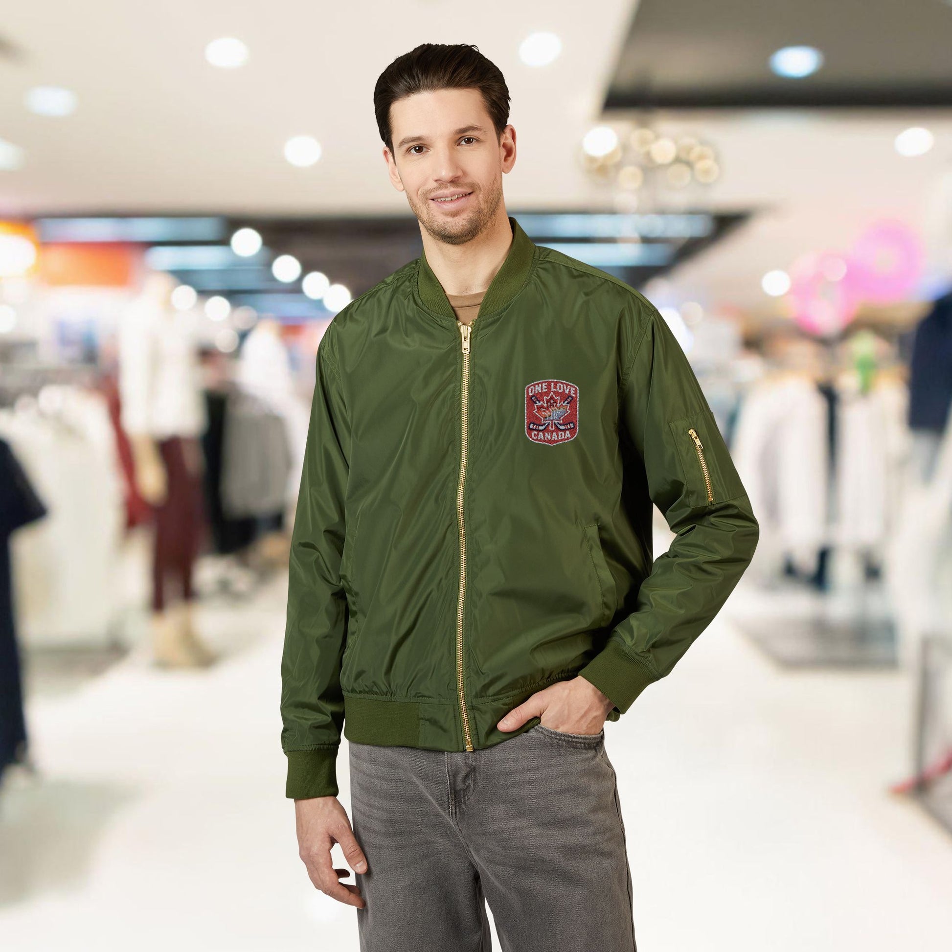 Recycled Bomber Jacket with Embroidery, Eco-Friendly Fashion - OneLoveCanada