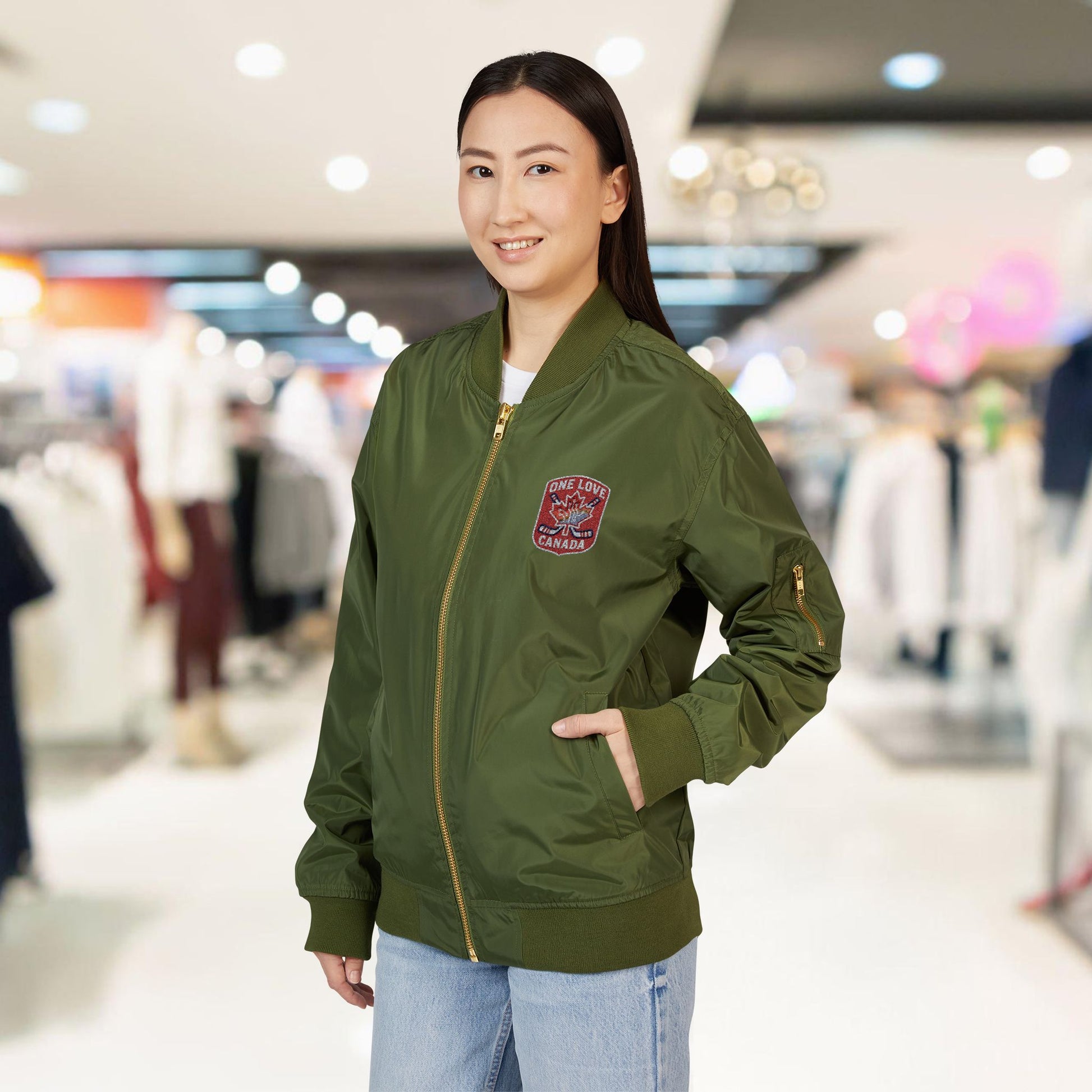 Recycled Bomber Jacket with Embroidery, Eco-Friendly Fashion - OneLoveCanada