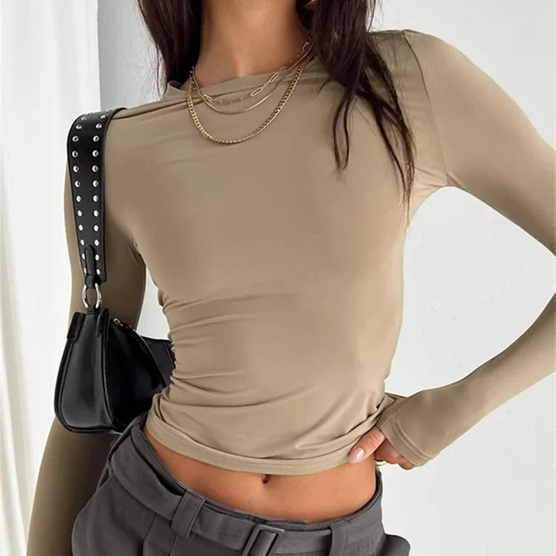 Women Long Sleeve T Shirt Spring Autumn Solid Slim Fit Casual Shirts Female Pullovers Basic Tee Y2k Clothes Streetwear Crop Tops - OneLoveCanada