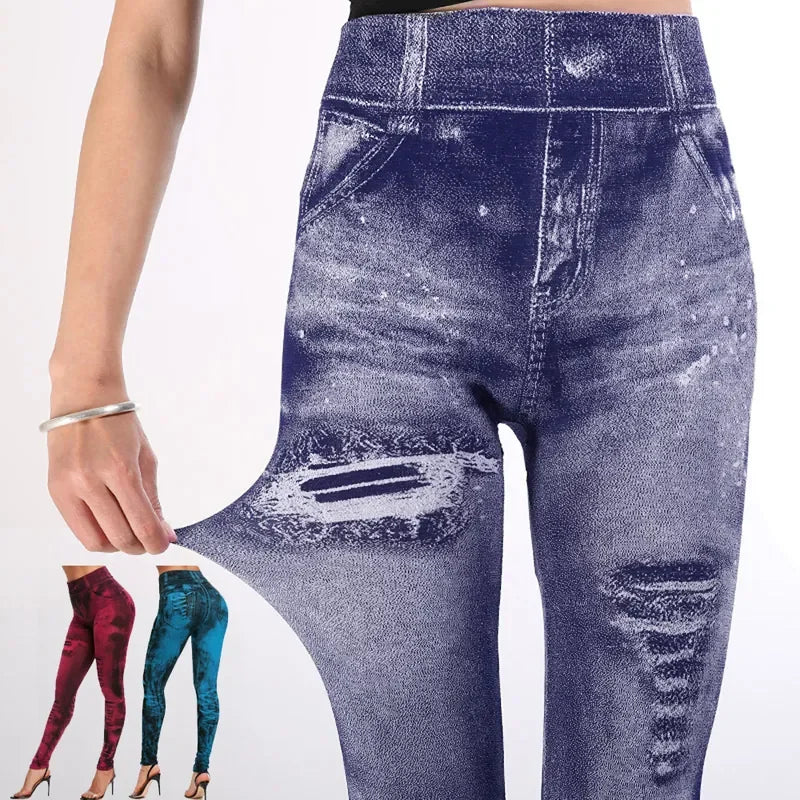 Women Imitation Jeans Stretch Leggings Fashion Sexy Slim Push Up Lady Gym Leggings Causal Simple High Waist Streetwear Leggings - OneLoveCanada