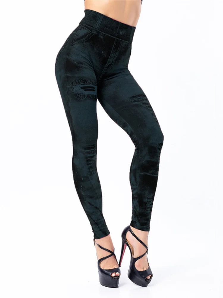 Women Imitation Jeans Stretch Leggings Fashion Sexy Slim Push Up Lady Gym Leggings Causal Simple High Waist Streetwear Leggings - OneLoveCanada