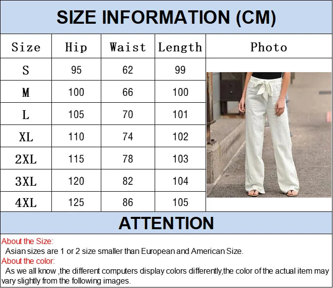 2024 Women Cotton Linen Pants Summer Fashion Elastic Waist Loose Straight Pants Female Casual Solid Color Ankle-length Trousers