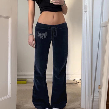 Rockmore Retro Rhinestone Flare Pants Velvet Drawstring Casual Trouser Streetwear Cute Bottoms Y2K Aesthetic 2000s Women's Pants