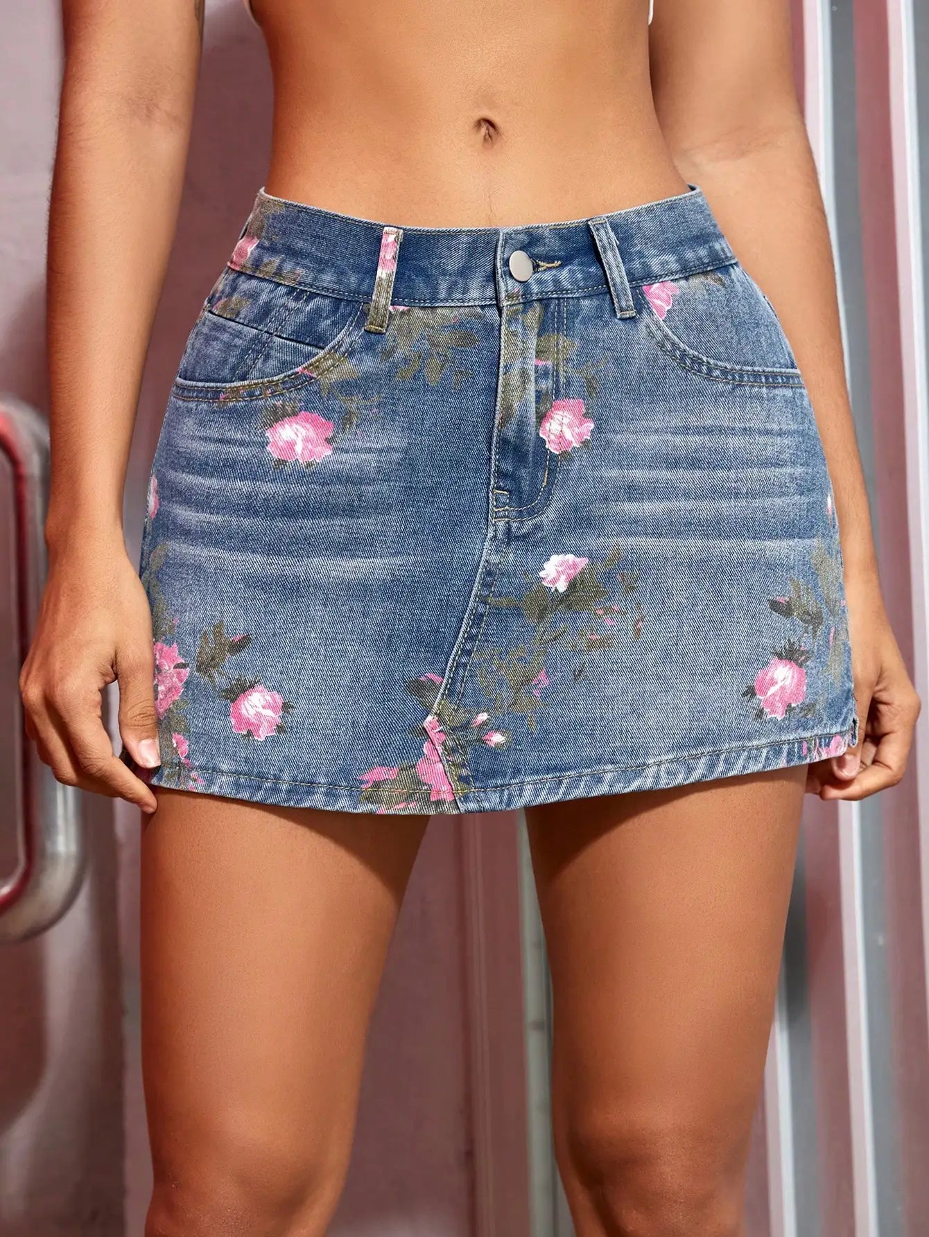 2023 Women Fashion Floral Print Split Hem Denim Skort 90s Retro Summer Sexy Jean Shorts Street Slim A-Line Skirt