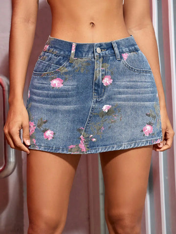 2023 Women Fashion Floral Print Split Hem Denim Skort 90s Retro Summer Sexy Jean Shorts Street Slim A-Line Skirt