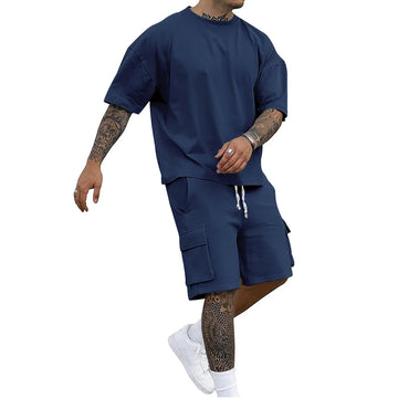 Summer new men's round neck short sleeve T-shirt shirt shorts two-piece suit loose large size ice
