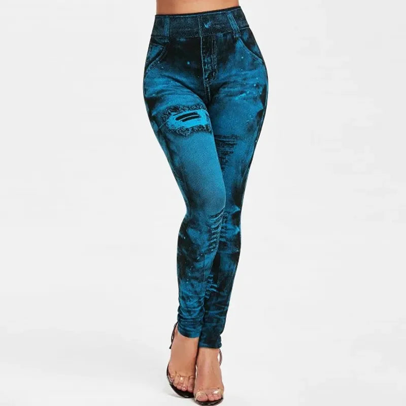 Women Imitation Jeans Stretch Leggings Fashion Sexy Slim Push Up Lady Gym Leggings Causal Simple High Waist Streetwear Leggings - OneLoveCanada