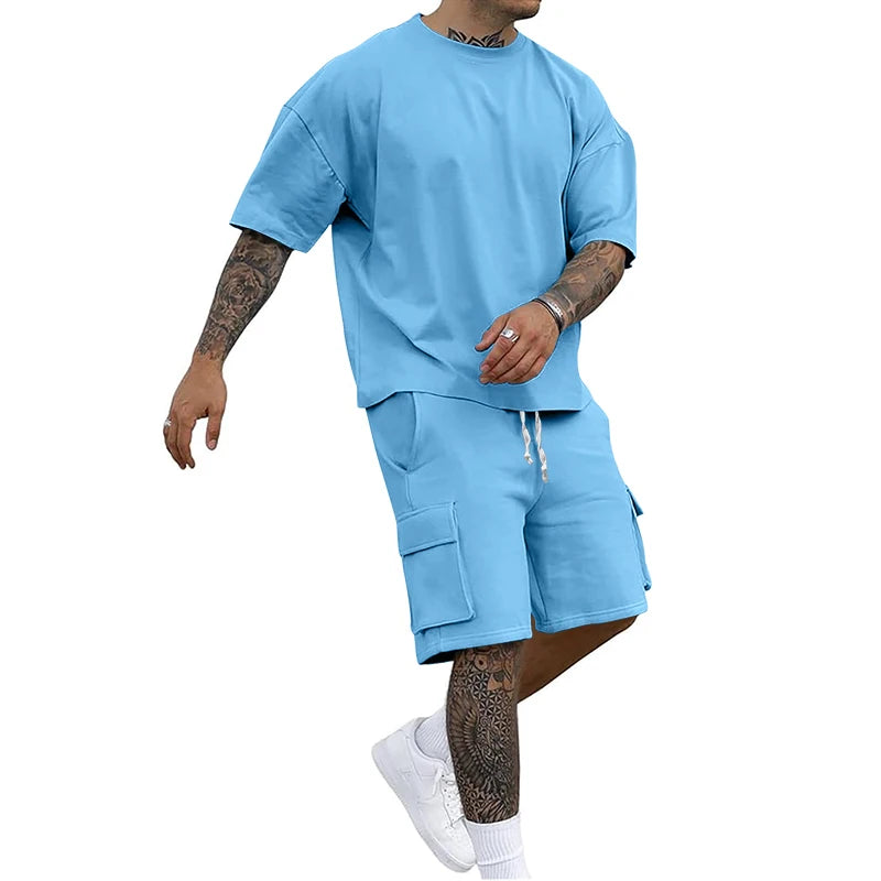 Summer new men's round neck short sleeve T-shirt shirt shorts two-piece suit loose large size ice