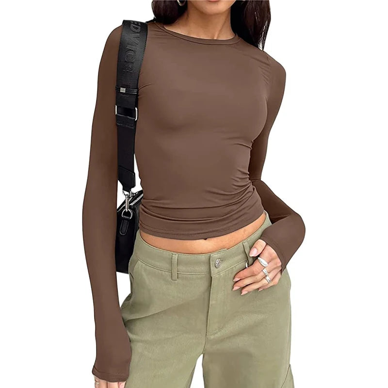 Women Long Sleeve T Shirt Spring Autumn Solid Slim Fit Casual Shirts Female Pullovers Basic Tee Y2k Clothes Streetwear Crop Tops - OneLoveCanada
