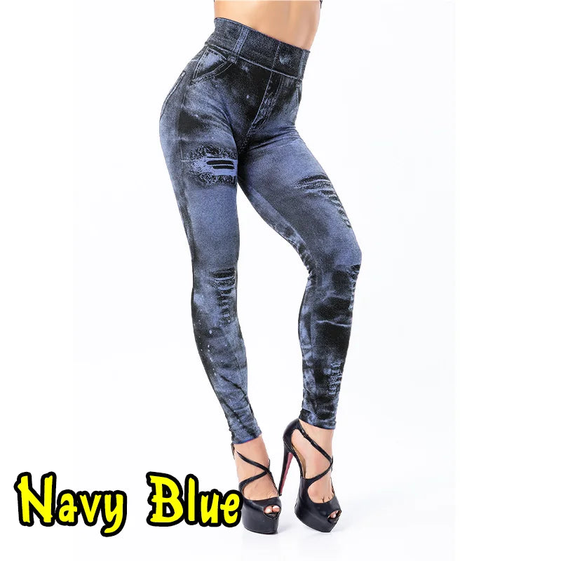 Women Imitation Jeans Stretch Leggings Fashion Sexy Slim Push Up Lady Gym Leggings Causal Simple High Waist Streetwear Leggings - OneLoveCanada