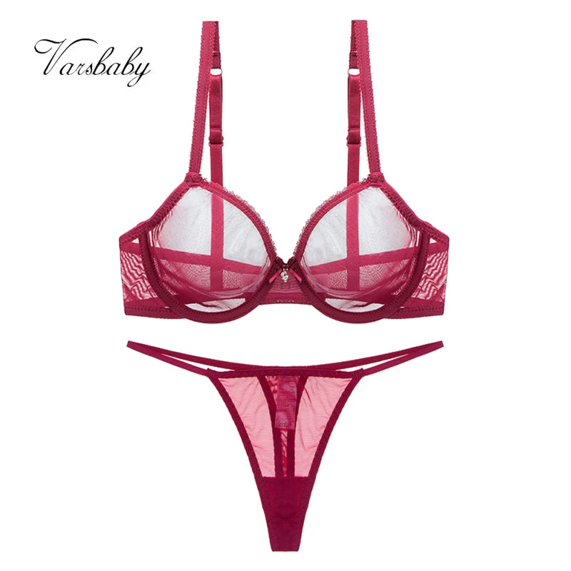 Varsbaby Ladies underwear summer thin mesh bra set transparent gather breathable sexy thong plus size bra set