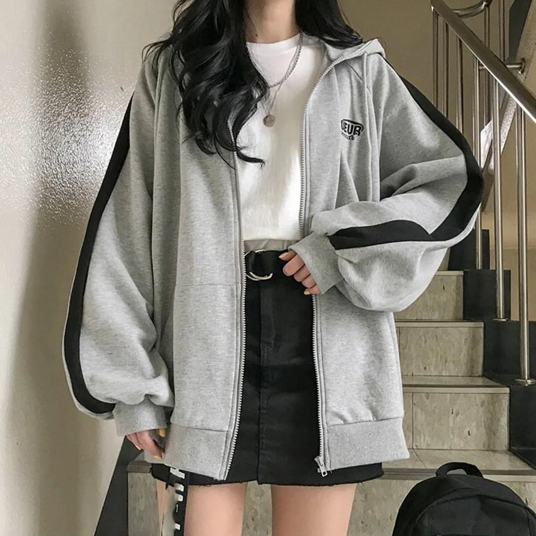 Women Hoodies Harajuku Hooded Oversized Hoodie Solid Long Sleeve Irregular Sweatshirt Loose Print Zip-up Tops Blouse Jacket Coat