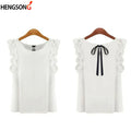 Women Blouse Tops Summer Fashion Lotus Leaf O-Neck Casual Shirt Ladies Bow Tie Chiffon Blouse White Tops 2023 New Women's Shirt - OneLoveCanada