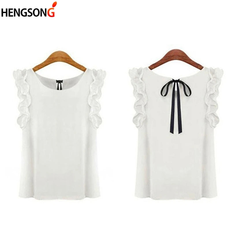 Women Blouse Tops Summer Fashion Lotus Leaf O-Neck Casual Shirt Ladies Bow Tie Chiffon Blouse White Tops 2023 New Women's Shirt - OneLoveCanada