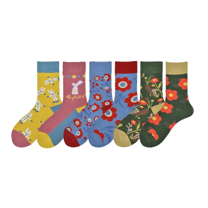 Trendy Socks Ab Paragraph Pure Cotton High Tube Socks Creative Cartoon Small Flowers New Autumn and Winter Stockings Female Sock