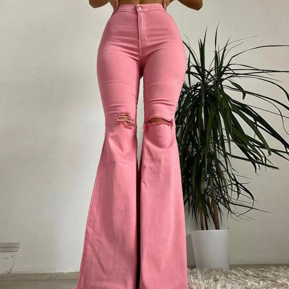 Skin-friendly  Cool Sexy Mid Waist Ripped Flared Jeans Trousers Casual Jeans Fringed Edge   for Work