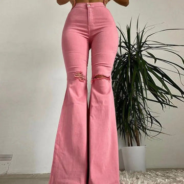 Skin-friendly  Cool Sexy Mid Waist Ripped Flared Jeans Trousers Casual Jeans Fringed Edge   for Work