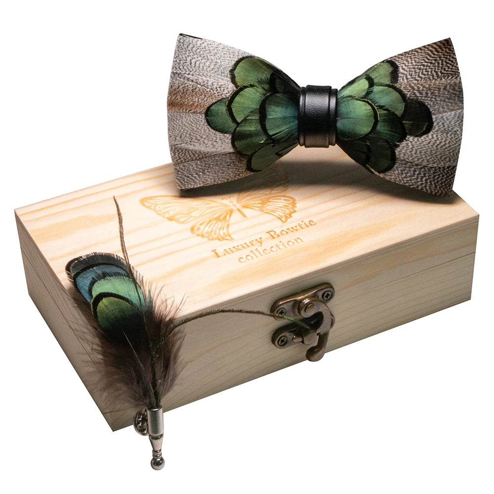 JEMYGINS Original New Design Bow tie Natural Feather Exquisite Hand Made Men Luxury Bow Tie Wooden Gift Box Set Wedding party