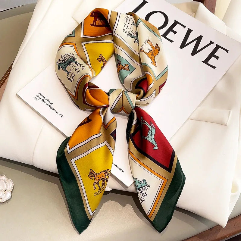 Luxury Brand Silk Satin Head Scarf For Women Fashion Animal Kerchief Neck Scarfs 70cm Square Shawls and Wrpas Scarves For Ladies