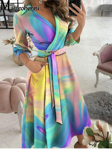 Women V Neck Warp Gradient Print Maxi Dress Women V Neck Long Sleeve Belt Pocket Party Tie Dye Rainbow Long Dress Vestidos 2021