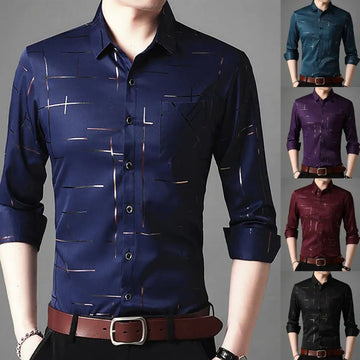 2021 Men's Dress Shirts Male High Quality Long Sleeve Slim Business Casual Shirt Turn Down Collar Stripes Single-breasted