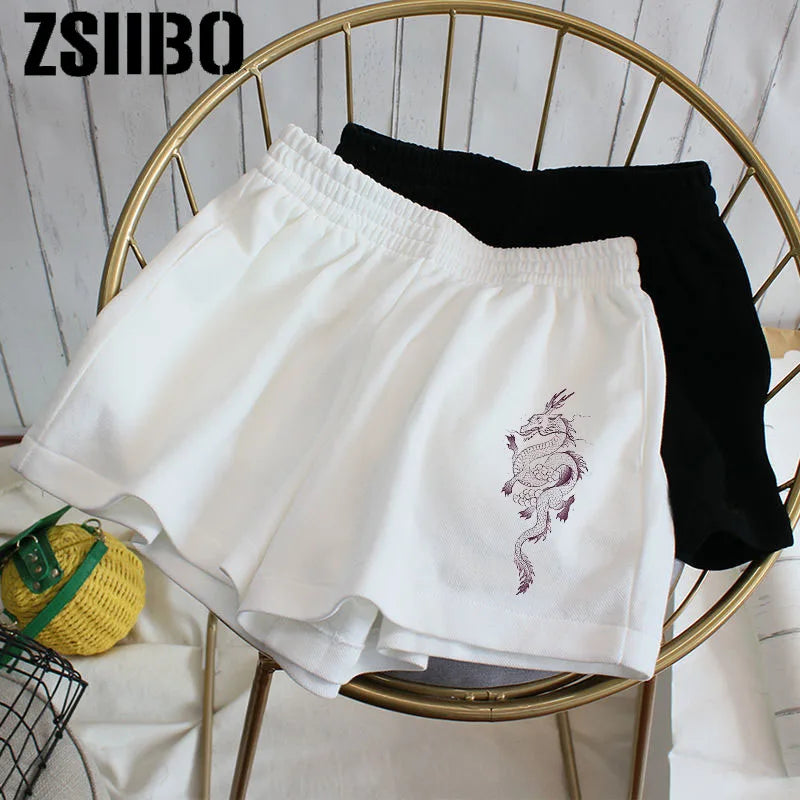 2021 Shorts female dragon print stretch cute girl sweet Harajuku colorful simple oversized trousers female Women's sport shorts