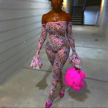Women Sexy See-through Slash Neck Flared Sleeve Nightclub Outfits Overalls 2024 Hipster High Waist Floral&Leopard Print Jumpsuit