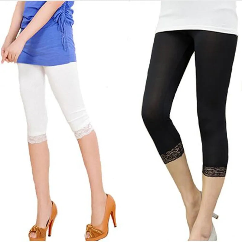 Women Elastic Lace Leggings Summer thin three quarter Pants bodycon jeggings big size Cropped Short Trousers Black White - OneLoveCanada