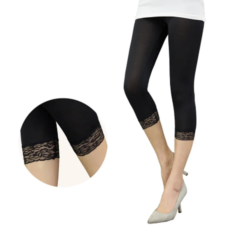 Women Elastic Lace Leggings Summer thin three quarter Pants bodycon jeggings big size Cropped Short Trousers Black White - OneLoveCanada