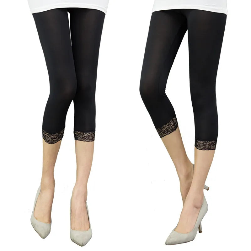 Women Elastic Lace Leggings Summer thin three quarter Pants bodycon jeggings big size Cropped Short Trousers Black White - OneLoveCanada