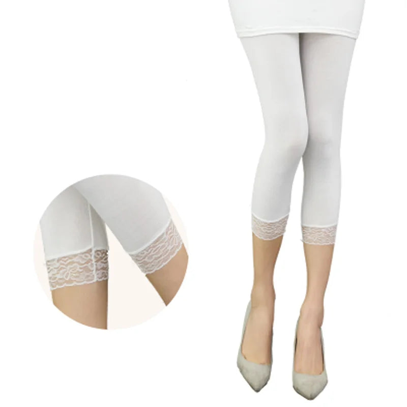 Women Elastic Lace Leggings Summer thin three quarter Pants bodycon jeggings big size Cropped Short Trousers Black White - OneLoveCanada