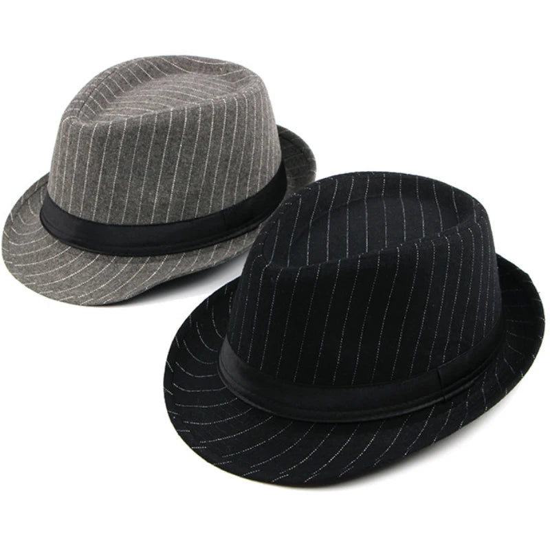 HT1516 New Fashion Men Fedora Hat British Style Striped Trilby Hat Classic Retro Derby Bowler Jazz Hat Casual Grey Black Fedoras
