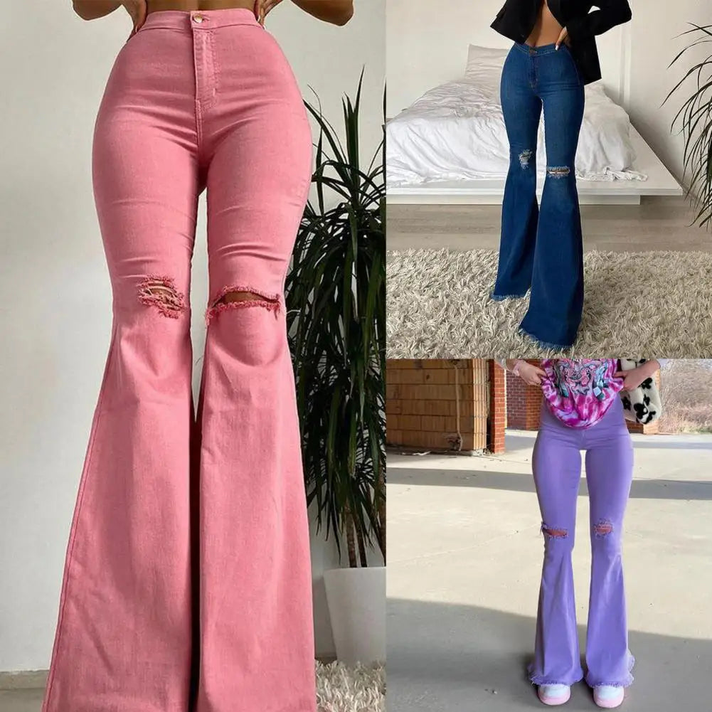 Skin-friendly  Cool Sexy Mid Waist Ripped Flared Jeans Trousers Casual Jeans Fringed Edge   for Work