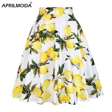 2025 Women Cotton Lemon Printed Short Midi 50s Skirts Yellow High Waist 60s Swing Rockabilly A-line Korean Casual Summer Skirts