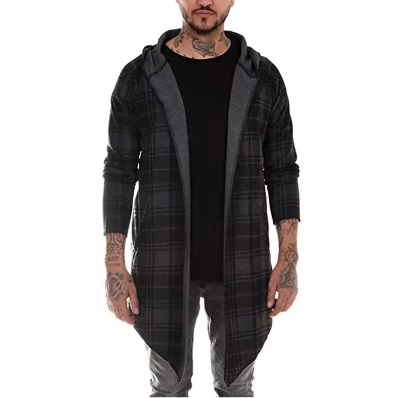 New Long Coat Men Trench Cardigan Loose Cloak Hooded Fashion Long Sleeve Plaid Thin Jacket Men Fashion Steampunk Male Outwear