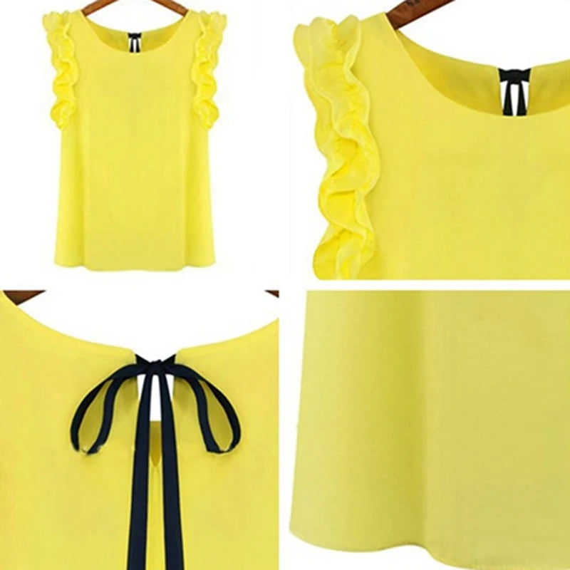 Women Blouse Tops Summer Fashion Lotus Leaf O-Neck Casual Shirt Ladies Bow Tie Chiffon Blouse White Tops 2023 New Women's Shirt - OneLoveCanada