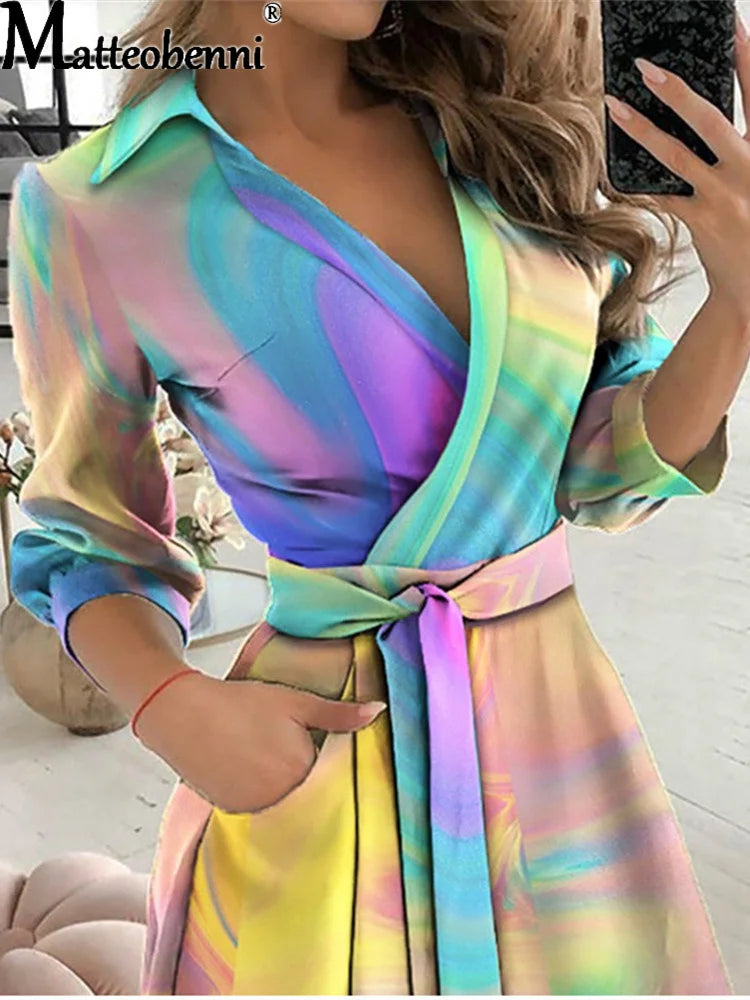 Women V Neck Warp Gradient Print Maxi Dress Women V Neck Long Sleeve Belt Pocket Party Tie Dye Rainbow Long Dress Vestidos 2021