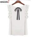 Women Blouse Tops Summer Fashion Lotus Leaf O-Neck Casual Shirt Ladies Bow Tie Chiffon Blouse White Tops 2023 New Women's Shirt - OneLoveCanada