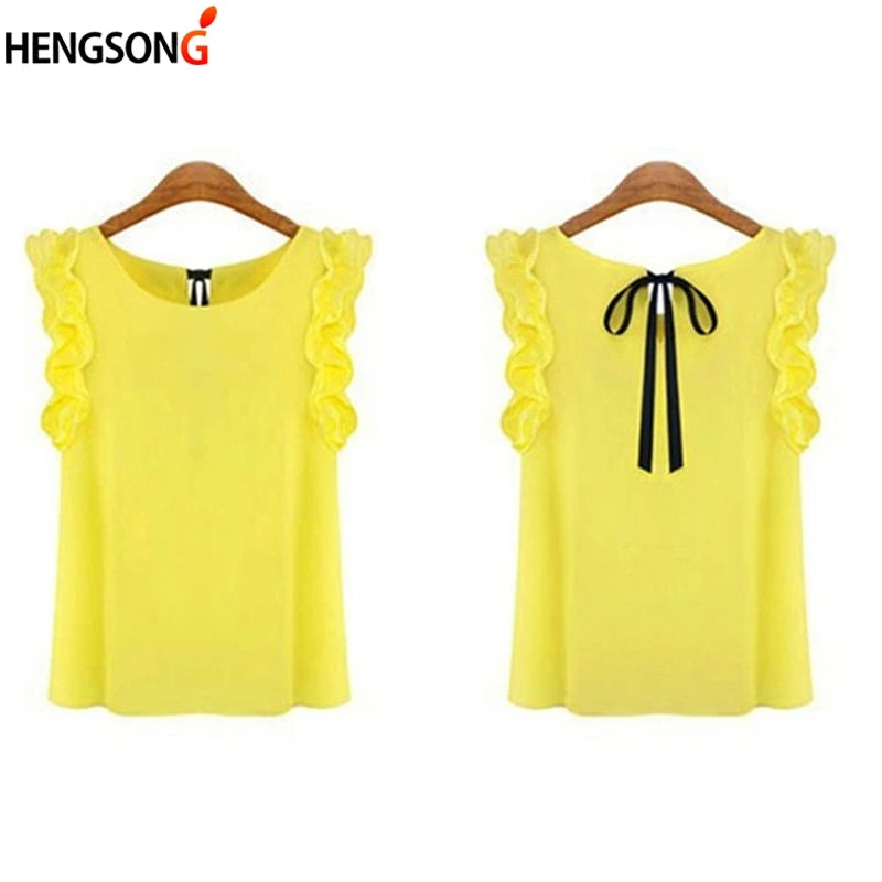 Women Blouse Tops Summer Fashion Lotus Leaf O-Neck Casual Shirt Ladies Bow Tie Chiffon Blouse White Tops 2023 New Women's Shirt - OneLoveCanada