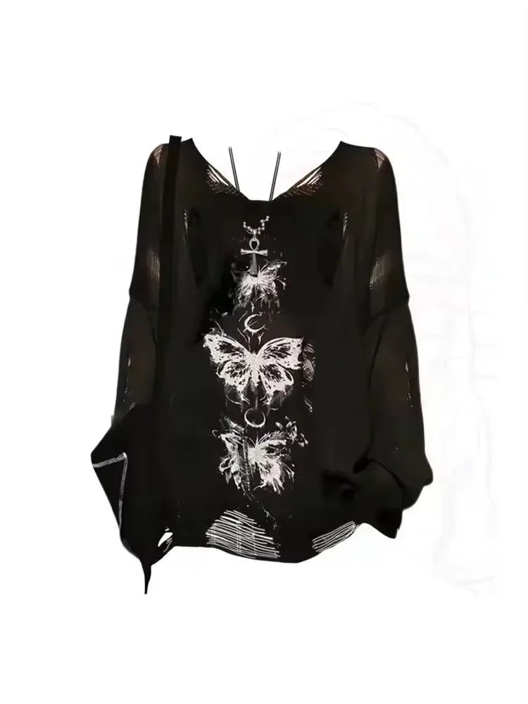 Black Gothic Graffiti Print T-shirt Women Harajuku Korean Y2k 90s Vintage Long Sleeve Emo Torn Tees Tops Autumn Clothes 2000s