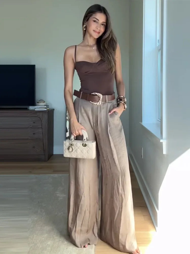 Women's Straight Pants Solid High Waist Belt Pockets Wide Leg Long Trousers Female 2025 Spring Lady Vintage High Street Wears