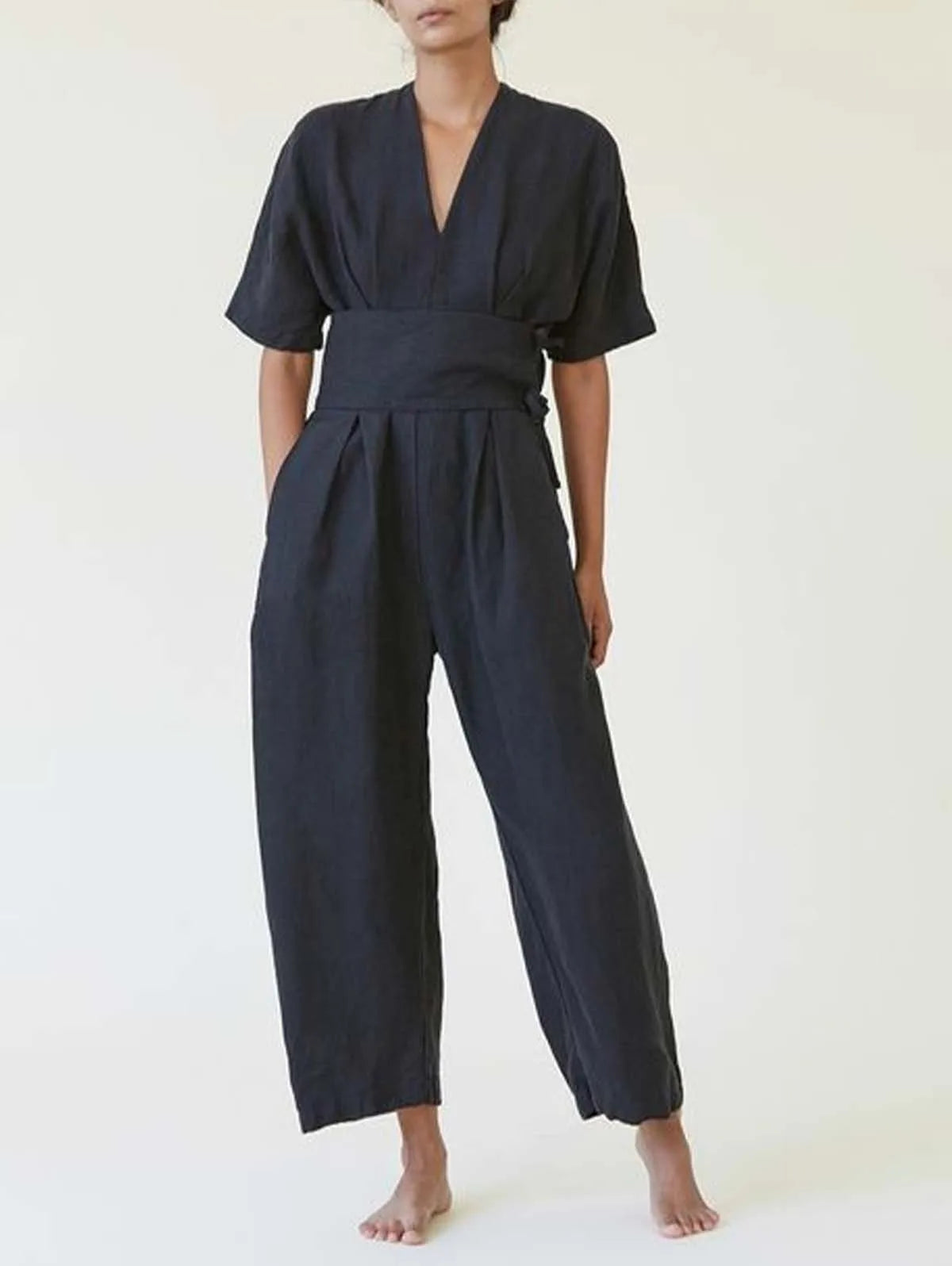 Cotton Linen Jumpsuits for Women Straight Pants Vintage V Neck Belt Loose Romper Summer Boho Beach Casual Overalls Jumpsuit