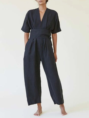 Cotton Linen Jumpsuits for Women Straight Pants Vintage V Neck Belt Loose Romper Summer Boho Beach Casual Overalls Jumpsuit