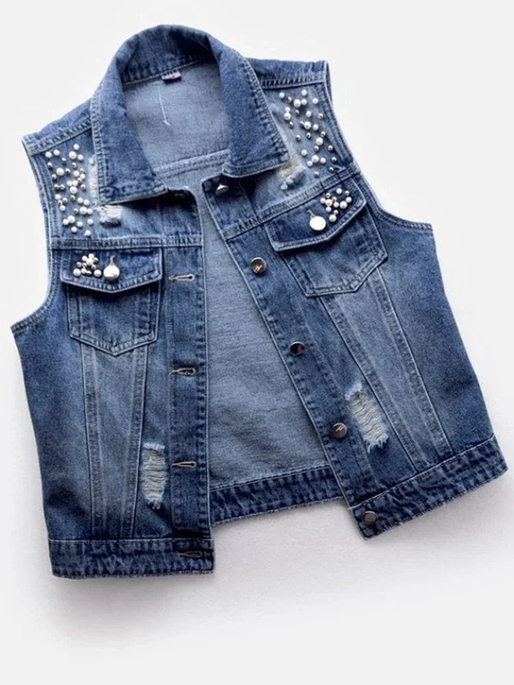 Denim Women Vest Luxury Pearls Fashion Ripped Autumn Jeans Jacket New Causal Waistcoats S-5XL