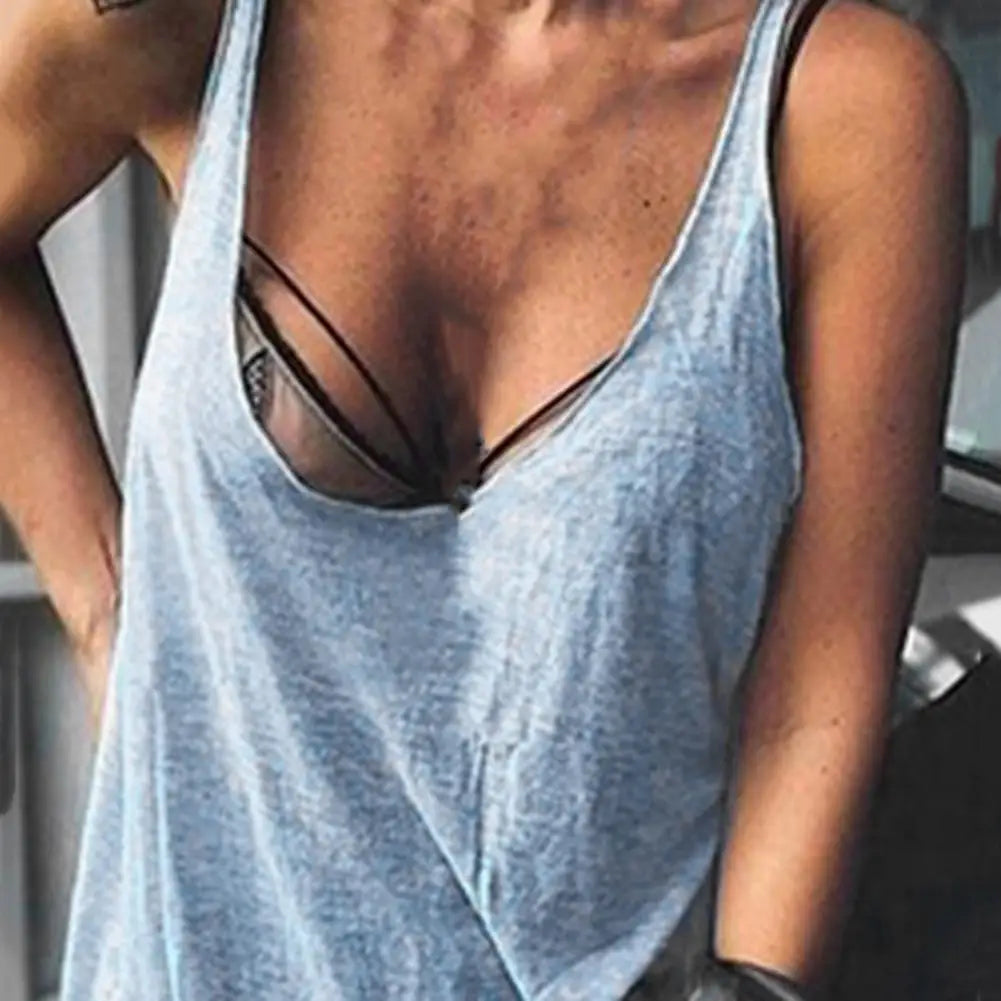 Lady Casual Solid Color Loose Tees U-neck Sleeveless Thin Women Vest Low Collar Stretchy Lady Summer Simple T-shirt Streetwear - OneLoveCanada