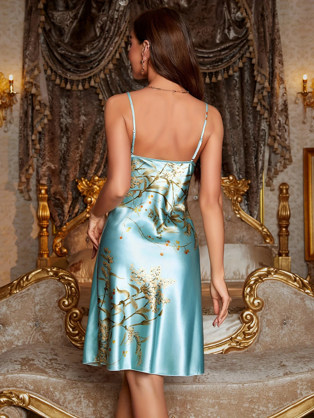 Silk Satin Floral Camisole Nightdress Draped Neck Sheer Slip Dress Wearable Loungewear for Home