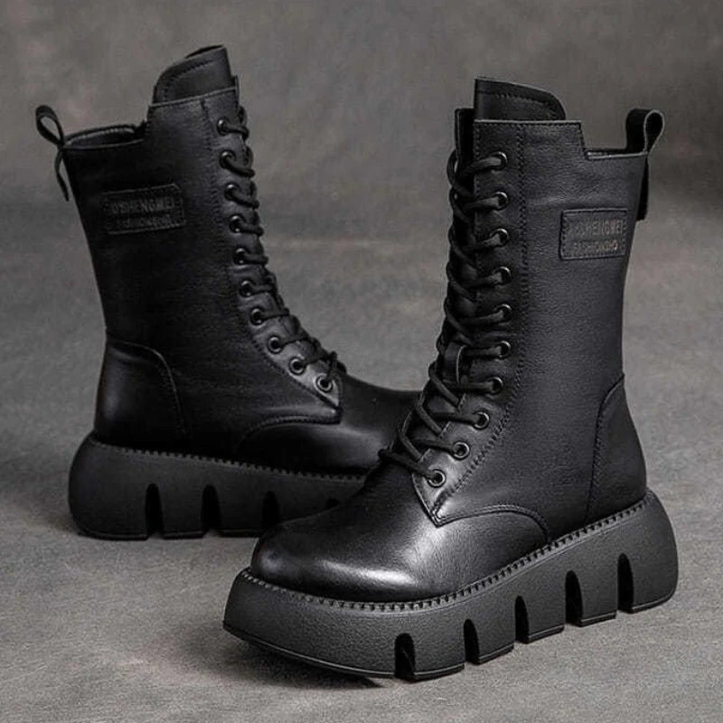 Winter Leather Women Boots Round Toe Mid-heel Ankle Boots for Women Lace Up Warm Snow Boots Retro Lady Platform Bikerboots Women
